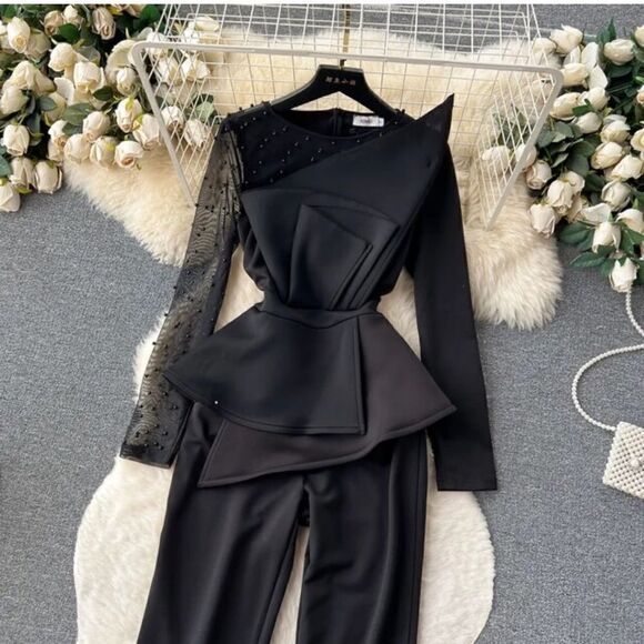 New Beaded Formal Long Sleeve Patchwork Mesh beaded Irregular Jumpsuit  Black - Picture 2 of 11